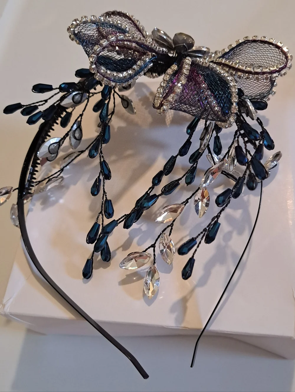 Goth Bride Headband Purple Mesh Crystal Blue-Black Rhinestones